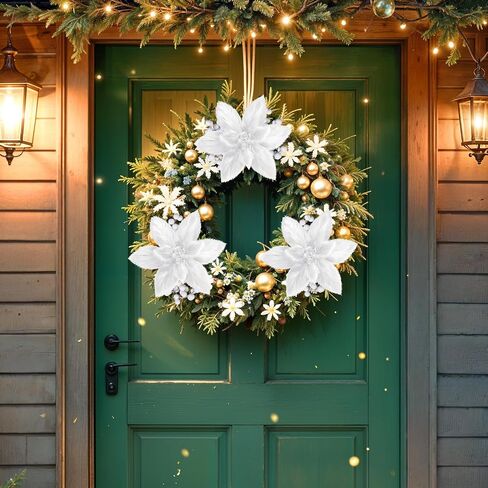 6Pcs Christmas Tree Picks Artificial Velvet White Christmas Poinsettia Flowers Xmas Stem Plush Poinsettia Flowers with Clips & Berry Buffalo Check Pattern Ornament for Xmas Tree Wreath Fireplace Decor in Saudi Arabia