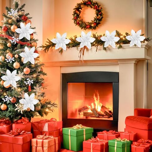 6Pcs Christmas Tree Picks Artificial Velvet White Christmas Poinsettia Flowers Xmas Stem Plush Poinsettia Flowers with Clips & Berry Buffalo Check Pattern Ornament for Xmas Tree Wreath Fireplace Decor in Saudi Arabia