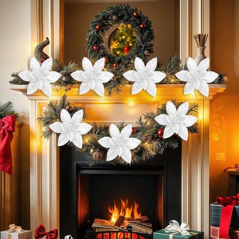 6Pcs Christmas Tree Picks Artificial Velvet White Christmas Poinsettia Flowers Xmas Stem Plush Poinsettia Flowers with Clips & Berry Buffalo Check Pattern Ornament for Xmas Tree Wreath Fireplace Decor in Saudi Arabia