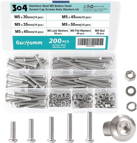 200 PCS M5 x 30mm 35mm 40mm 45mm 50mm, Button Head Socket Cap Screws Bolts Washers Nuts Assortment Kit, Stainless Steel 304, Metric Allen Hex Drive in Saudi Arabia