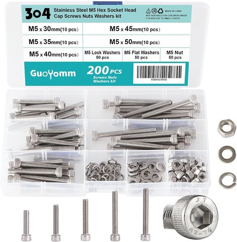 200 PCS M5 x 30mm 35mm 40mm 45mm 50mm, Button Head Socket Cap Screws Bolts Washers Nuts Assortment Kit, Stainless Steel 304, Metric Allen Hex Drive in Saudi Arabia