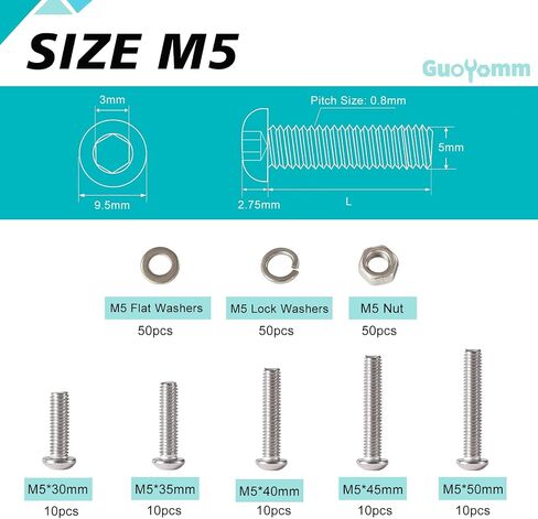 200 PCS M5 x 30mm 35mm 40mm 45mm 50mm, Button Head Socket Cap Screws Bolts Washers Nuts Assortment Kit, Stainless Steel 304, Metric Allen Hex Drive in Saudi Arabia