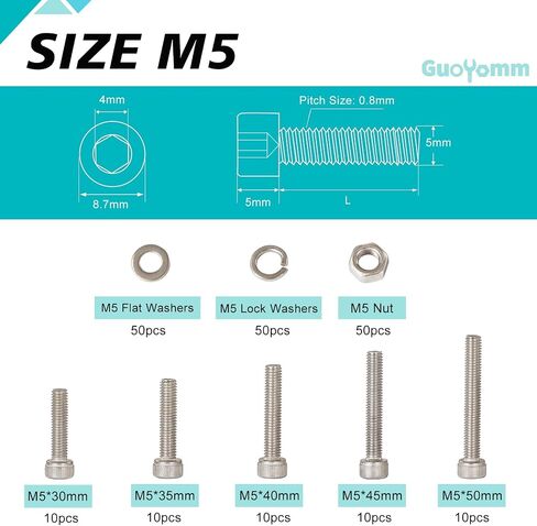 200 PCS M5 x 30mm 35mm 40mm 45mm 50mm, Button Head Socket Cap Screws Bolts Washers Nuts Assortment Kit, Stainless Steel 304, Metric Allen Hex Drive in Saudi Arabia