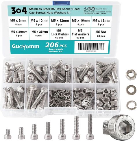 200 PCS M5 x 30mm 35mm 40mm 45mm 50mm, Button Head Socket Cap Screws Bolts Washers Nuts Assortment Kit, Stainless Steel 304, Metric Allen Hex Drive in Saudi Arabia