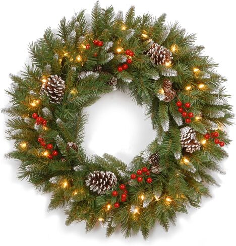 National Tree Company Pre-Lit Artificial Christmas Wreath, Green, Frosted Berry, White Lights, Decorated with Pine Cones, Berry Clusters, Frosted Branches, Christmas Collection, 30 Inches in Saudi Arabia