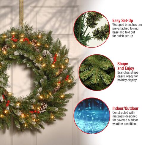 National Tree Company Pre-Lit Artificial Christmas Wreath, Green, Frosted Berry, White Lights, Decorated with Pine Cones, Berry Clusters, Frosted Branches, Christmas Collection, 30 Inches in Saudi Arabia