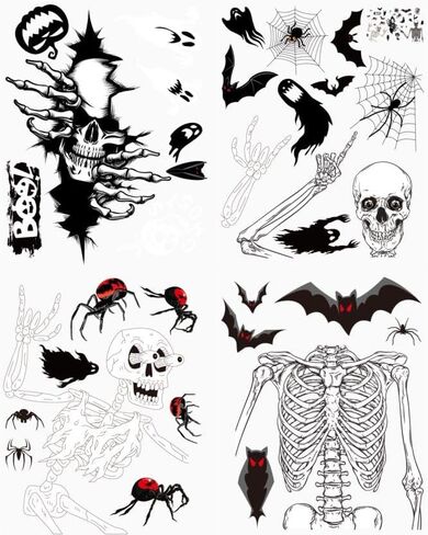 4 أوراق ملصقات نافذة الهالوين، ملصقات حائط لنافذة الهيكل العظمي للهالوين، جماجم مخيفة وخفافيش وعناكب وأشباح ديكورات نوافذ الهالوين، ملصقات جدارية لنافذة الهالوين لمستلزمات حفلات الهالوين in Kuwait