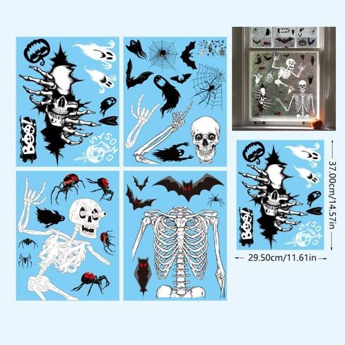4 أوراق ملصقات نافذة الهالوين، ملصقات حائط لنافذة الهيكل العظمي للهالوين، جماجم مخيفة وخفافيش وعناكب وأشباح ديكورات نوافذ الهالوين، ملصقات جدارية لنافذة الهالوين لمستلزمات حفلات الهالوين in Kuwait