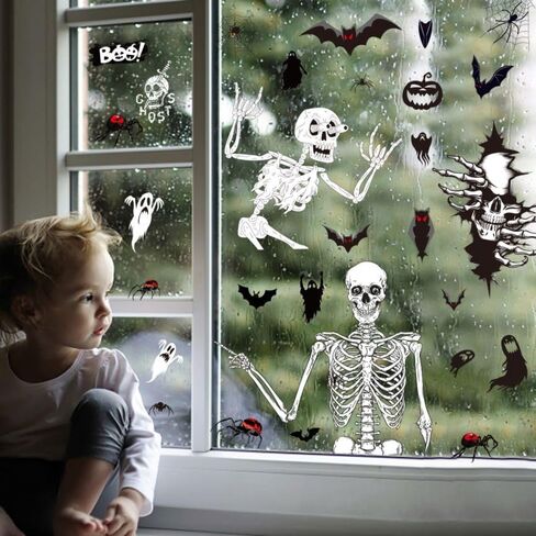 4 أوراق ملصقات نافذة الهالوين، ملصقات حائط لنافذة الهيكل العظمي للهالوين، جماجم مخيفة وخفافيش وعناكب وأشباح ديكورات نوافذ الهالوين، ملصقات جدارية لنافذة الهالوين لمستلزمات حفلات الهالوين in Kuwait