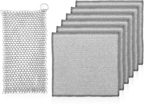 مجموعة تنظيف الحديد الزهر 7 قطع من LANMU، تتضمن منظف سلسلة البريد، وقماش أطباق سلكي غير قابل للخدش للمقالي وأحواض مواقد الفرن الهولندية in Kuwait