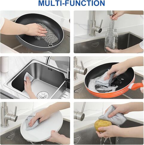 مجموعة تنظيف الحديد الزهر 7 قطع من LANMU، تتضمن منظف سلسلة البريد، وقماش أطباق سلكي غير قابل للخدش للمقالي وأحواض مواقد الفرن الهولندية in Kuwait