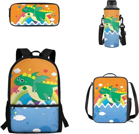 Cute Cartoon Dinosaur School Backpack Set Bookbags with Lunch Box Pencil Case and Water Bottle Cover Holder 4pcs for Middle School Primary Junior High University in Kuwait