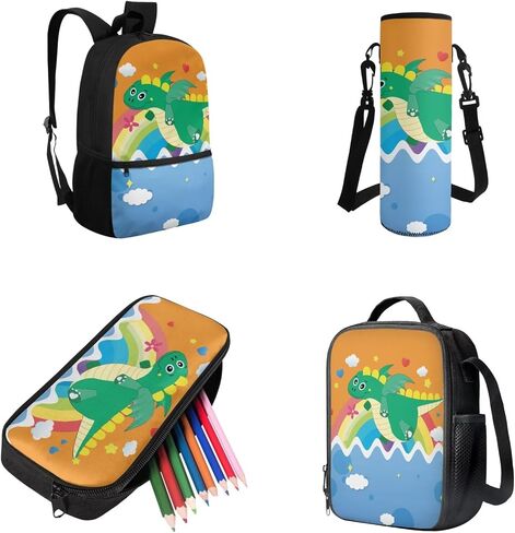 Cute Cartoon Dinosaur School Backpack Set Bookbags with Lunch Box Pencil Case and Water Bottle Cover Holder 4pcs for Middle School Primary Junior High University in Kuwait