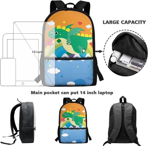 Cute Cartoon Dinosaur School Backpack Set Bookbags with Lunch Box Pencil Case and Water Bottle Cover Holder 4pcs for Middle School Primary Junior High University in Kuwait