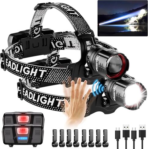 90000 Lumens LED Headlamp& 100H Using Time, USB Rechargeable Head lamp, 90° Adjustable Widebeam Motion Sensor Head Light with 5 Modes,Zoomable for Camping Running Hiking Hard Hat Headlamps 2pc in Saudi Arabia