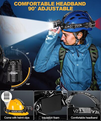 90000 Lumens LED Headlamp& 100H Using Time, USB Rechargeable Head lamp, 90° Adjustable Widebeam Motion Sensor Head Light with 5 Modes,Zoomable for Camping Running Hiking Hard Hat Headlamps 2pc in Saudi Arabia