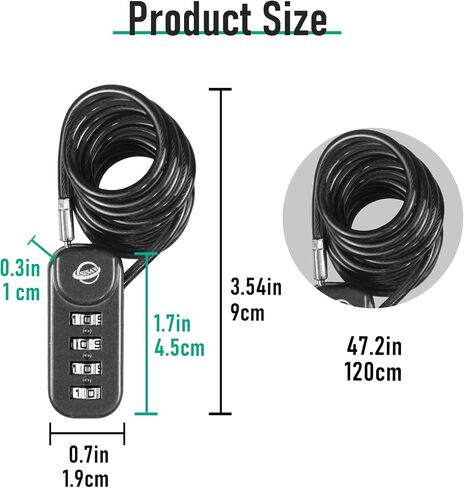 4-Digit Combination Padlock with 4.7 inch(12cm) Cable Suitable for School Gym Lockers,Trash Cans,Luggage,Knapsacks,Toolboxes,Gun Cases,Helmets,Cable 3mm Diameter,Black(1 Pack) in Kuwait