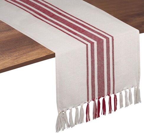 Native Fab Red Striped Table Runner - 90 Inches Long Farmhouse Table Covers with Tassels - 100% Cotton, Tight Weave, Non-Slip Tablerunner for Dining, Kitchen, Dresser, Events - Red White (14"x90") in Saudi Arabia