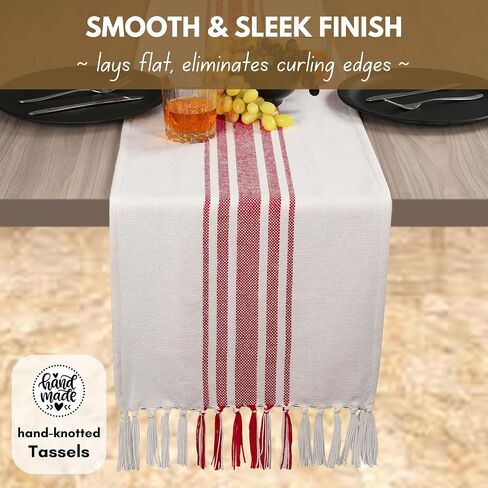 Native Fab Red Striped Table Runner - 90 Inches Long Farmhouse Table Covers with Tassels - 100% Cotton, Tight Weave, Non-Slip Tablerunner for Dining, Kitchen, Dresser, Events - Red White (14"x90") in Saudi Arabia