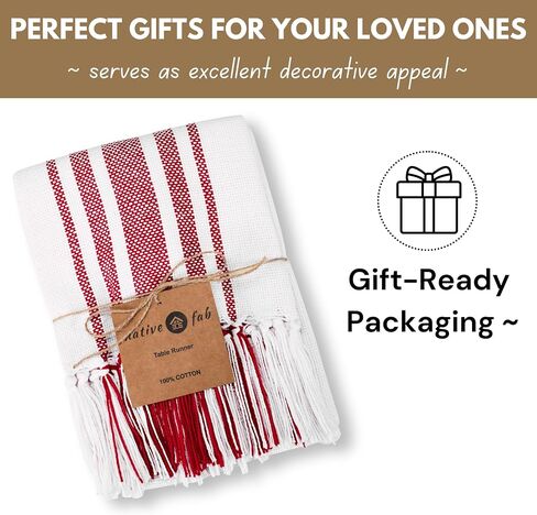 Native Fab Red Striped Table Runner - 90 Inches Long Farmhouse Table Covers with Tassels - 100% Cotton, Tight Weave, Non-Slip Tablerunner for Dining, Kitchen, Dresser, Events - Red White (14"x90") in Saudi Arabia