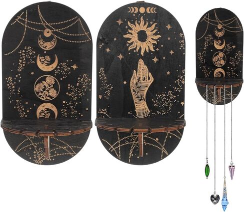 2PCS Small Crystal Shelf Black Crystal Display Shelf Butterfly Hand Sun Pattern Pendulum Board Witch Stuff Wooden Kit Crystal Hanging Rustic Crystal Holder Stand in Saudi Arabia