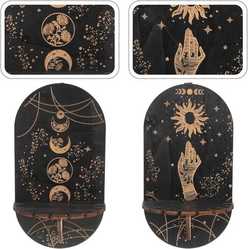2PCS Small Crystal Shelf Black Crystal Display Shelf Butterfly Hand Sun Pattern Pendulum Board Witch Stuff Wooden Kit Crystal Hanging Rustic Crystal Holder Stand in Saudi Arabia