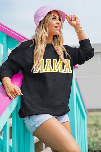 UNIQUEONE Mama سويت شيرت نسائي ماما: سويت شيرت ماما مزين بالترتر قمصان مطبوعة عليها حروف ماما - هدايا الأم بلوفر علوي in Kuwait