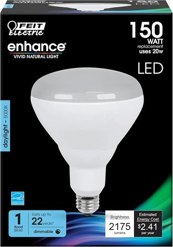 Feit Electric BR40 LED Light Bulb, 150W Equivalent, Dimmable, 2175 Lumens, E26 Medium Base, 5000K Daylight, 90 CRI, Flood Light Bulb for Recessed Cans, Damp Rated, 22-Year Lifetime, BR40DM/2175/950CA in Saudi Arabia