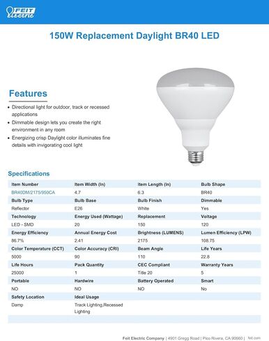 Feit Electric BR40 LED Light Bulb, 150W Equivalent, Dimmable, 2175 Lumens, E26 Medium Base, 5000K Daylight, 90 CRI, Flood Light Bulb for Recessed Cans, Damp Rated, 22-Year Lifetime, BR40DM/2175/950CA in Saudi Arabia