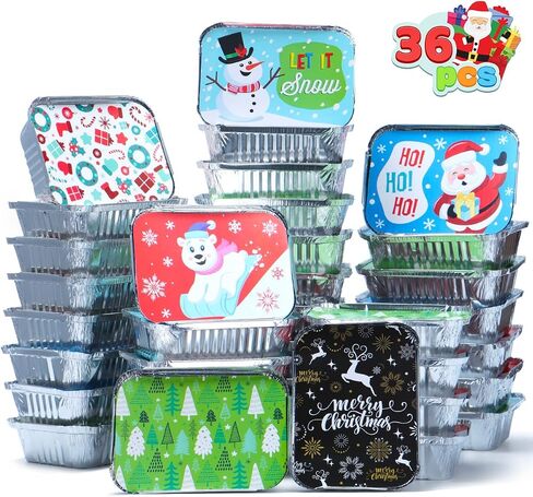 JOYIN 36 Pcs Christmas Cookie Tins with Lids for Gift Giving, Rectangle Treat Foil Exchange Containers, 7"x5"x2" Disposable Food Storage Pan for Holiday Leftovers Goodie Container in Saudi Arabia