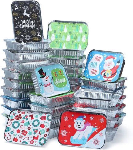 JOYIN 36 Pcs Christmas Cookie Tins with Lids for Gift Giving, Rectangle Treat Foil Exchange Containers, 7"x5"x2" Disposable Food Storage Pan for Holiday Leftovers Goodie Container in Saudi Arabia