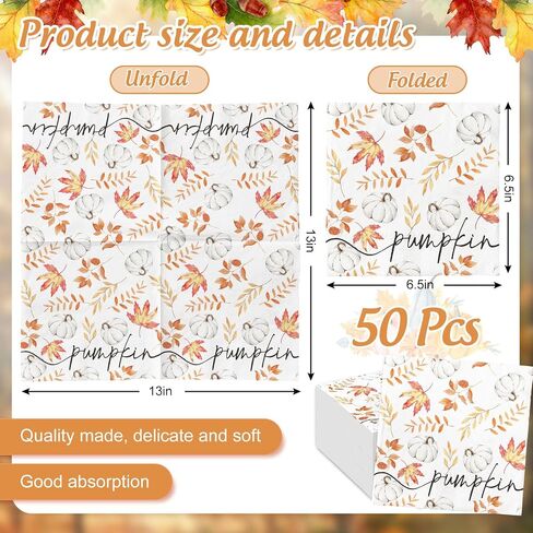 50Pcs Fall Pumpkin Napkins Pumpkin Eucalyptus Napkins Disposable Dinner Hand Napkins for Autumn Harvest Thanksgiving Dinner Party Supplies in Saudi Arabia