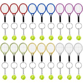 AUHOKY 18Pcs Mini Tennis Racket Keychain Key Ring, Fashionable Alloy Tennis Ball Split Ring Keychain for Sport Lovers Team