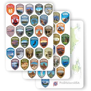 1 x 1.5 inch Collection 63 Stickers Set All National Parks USA Complete Collection Shield N.P. Passport Colors Vinyl Stickers. Map of US National Parks.