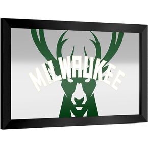 Trademark Global Wall Mirror - Ready-to-Hang Milwaukee Bucks Fade Black Framed Rectangle Mirror - for Pub, Game Room, Garage or Home Bar
