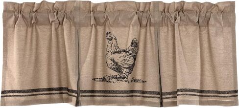 VHC Brands Sawyer Mill Chicken Nature Print Chambray Cotton Farmhouse Kitchen Curtains Rod Pocket Hanging Loops Inverted Pleats 20x60 Valance, Charcoal in Saudi Arabia