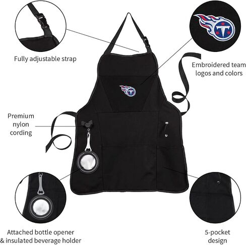 مريلة شواء سوداء من Team Sports America للاستخدام الخارجي NFL | تينيسي تايتنز | مصنوع من القطن المتين | فتاحة المشروبات وأداة متعددة | الملابس الرياضية والمشي لمسافات طويلة in Kuwait