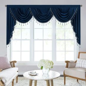 StangH Thick Velvet Waterfall Valance Curtains for Living Room, Luxury Rod Pocket Room Darkening Swag Valances with Beads for Bedroom/Sliding Door, Navy Blue, W79 inches, 1 Panel