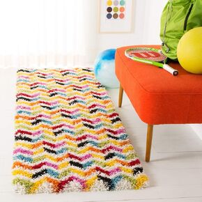 SAFAVIEH Kids Shag Collection Runner Rug - 2'3" x 9', Ivory & Multi, Rainbow Chevron Design, Non-Shedding & Easy Care, 2-inch Thick Ideal for High Traffic Areas in Living Room, Bedroom (SGK565A)