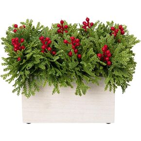 Christmas Centerpieces 8 Inch Artificial Christmas Plant in Rectangular Wooden Pot Tabletop Pine Plants with Red Berries Pine Cones Eucalyptus for Winter Holiday Party Fireplace Mantel Xmas Decor