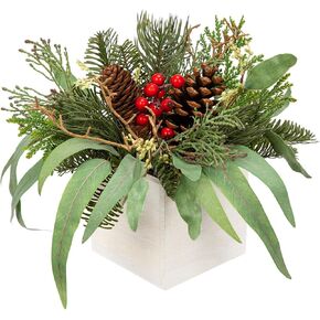Christmas Centerpieces 8 Inch Artificial Christmas Plant in Rectangular Wooden Pot Tabletop Pine Plants with Red Berries Pine Cones Eucalyptus for Winter Holiday Party Fireplace Mantel Xmas Decor