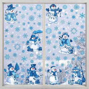 YEIRFYY Winter Snowman Window Clings Blue Snowman Snowflakes Winter Christmas Party Static Window Stickers Decals Decorations for Xmas Holiday Home Office Glass Window Party Supplies 9 Sheets