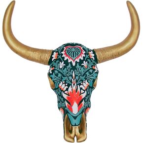 Wowser Vibrant Turquoise Cow Skull with Gold Toned Horns, Tribal Wall Décor, Animal Art, 13 inches