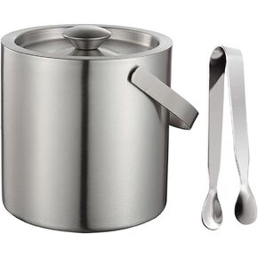 3 Liter Double Wall Stainless Steel Insulated Ice Bucket With Lid and Ice Tongs Great for Party and Picnic