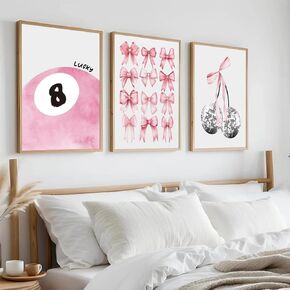 Trendy Pink Bows Wall Art Set of 3 Coquette Preppy Cherry Wall Decor Light Pink Cute Girly Lucky 8 Ball Canvas Poster Prints Aesthetic for College Dorm Living Room Bedroom Framed 12x16 Inch