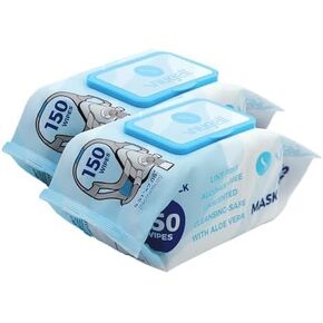 مناديل قناع سنوجيل CPAP، عبوتان تحتويان على 150 منديل، غير معطرة، خالية من الوبر، خالية من الكحول، آمنة للتنظيف مع خلاصة الصبار، مريحة وسهلة الاستخدام، مناسبة للسفر، للبالغين ومستخدمي CPAP