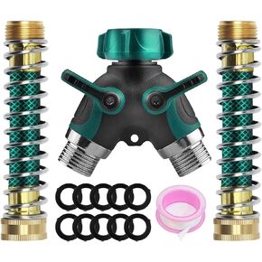 Water Splitter 2 Way Heavy Duty, 3/4" Garden Hose Splitter Y Way Connector 2 Valves Rubberized Grip with 2 Kink Free Faucet Extension Hose Protector 10 Rubber Washers