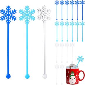 30 Pcs Christmas Coffee Stirrers Bar Plastic Snowflake Swizzle Sticks Hot Cocoa Cocktail Drink Stirrers Cocktail for Christmas Coffee Bar Winter Party Supplies(White)