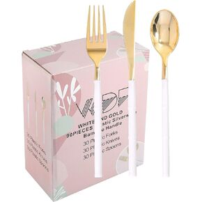 WDF 90Pieces Gold Plastic Silverware-Gold Plastic Cutlery with White Handle- Heavy Duty Plastic Thanksgiving Christmas Silverware Include 30Forks, 30 Spoons, 30 Knives for Thanksgiving