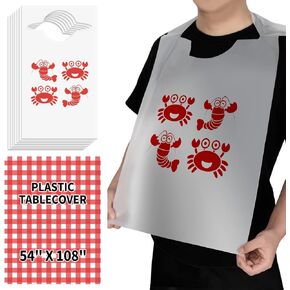 bloomoon 100 Pcs Disposable Lobster Bibs and 2 Pcs 108 x 54 inch Plastic Red Gingham Checkered Table cloths, Plastic Crab Bibs Disposable for Adult with Table covers, Seafood Boil Party Supplies
